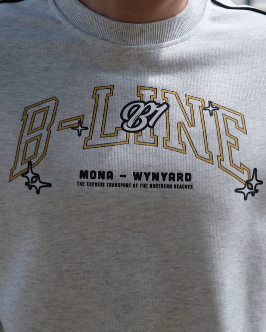 Gray sweatshirt with 'B-Line' logo and text on a blurred outdoor background