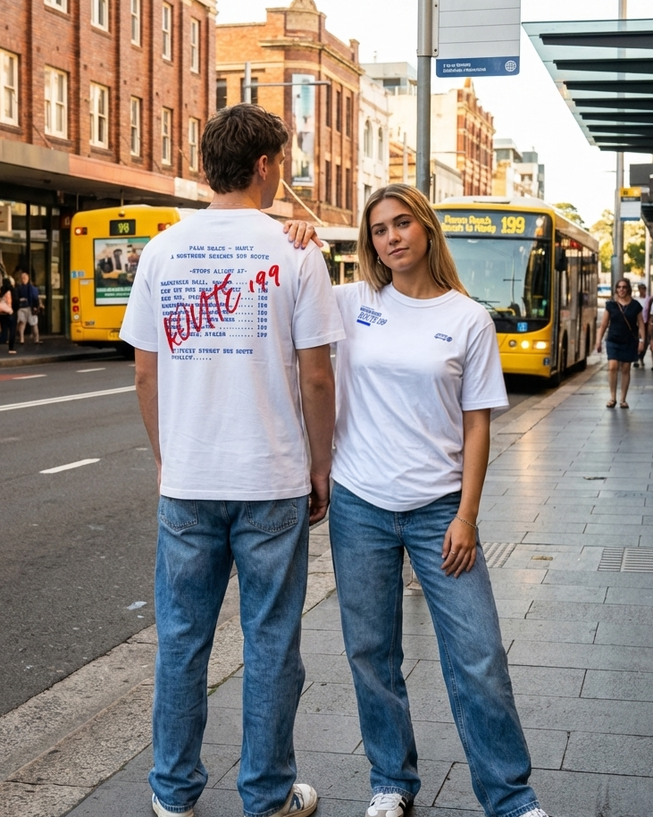 Two people standing on a street corner in frotn of buildings and a bus stop wearing a 199 t-shirt