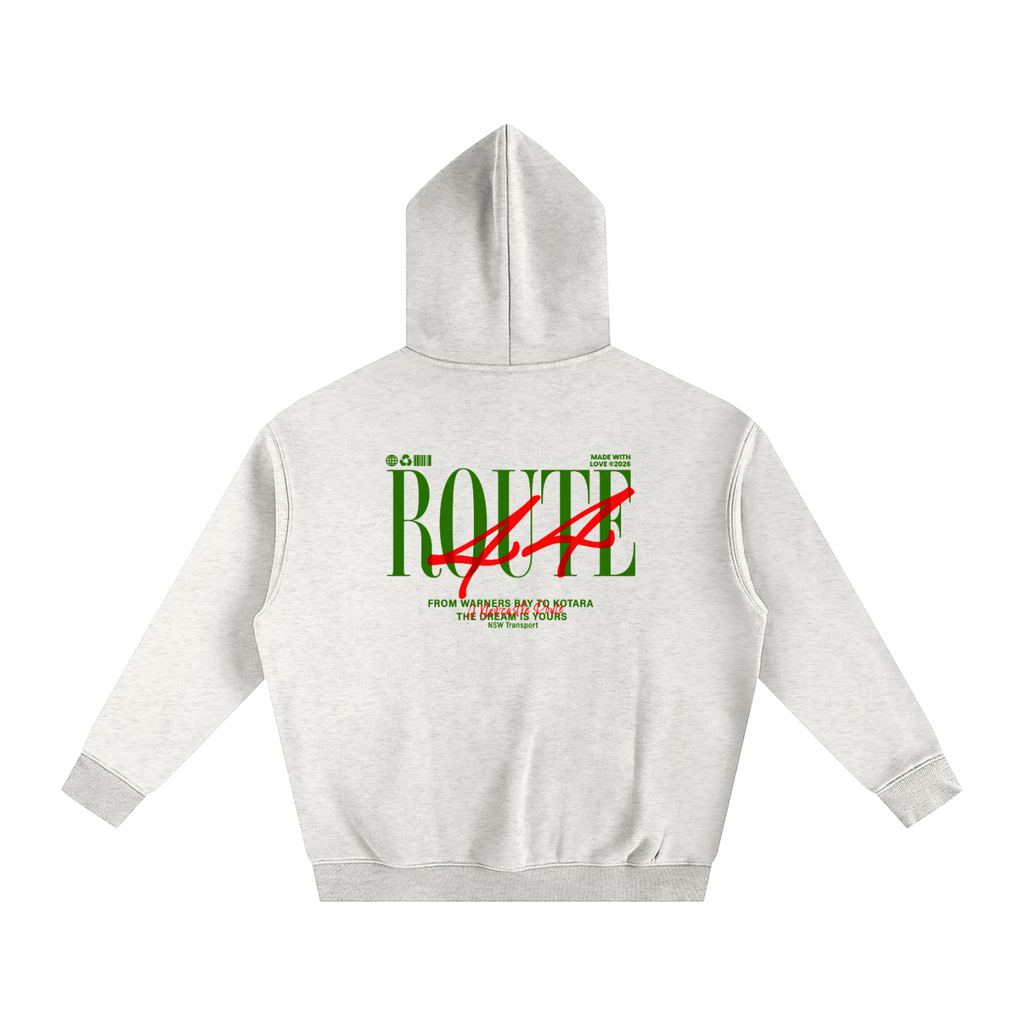 Gray hoodie with green and red text on a white background