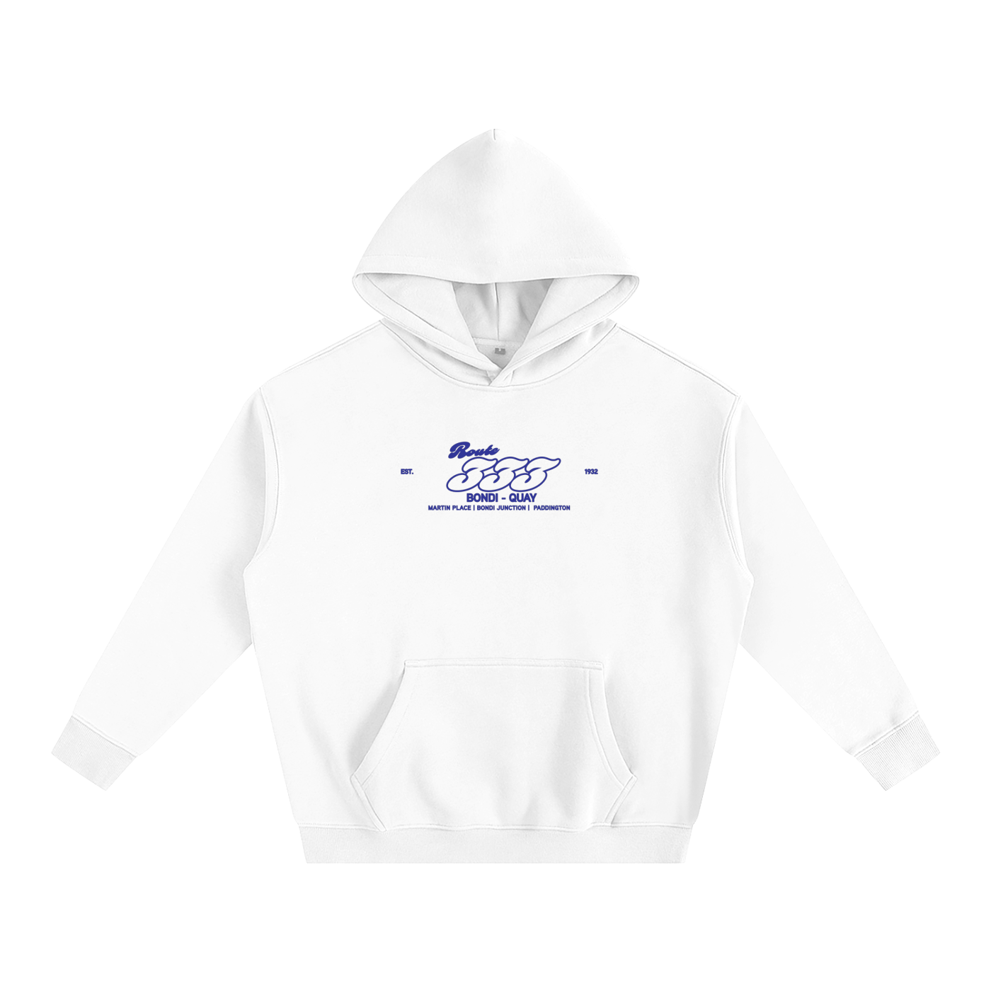 White hoodie with blue logo on a white background