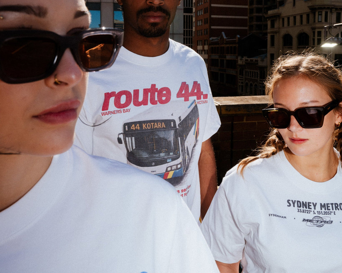 Three people wearing sunglasses and white t-shirts with visible text and graphics against a cityscape background.