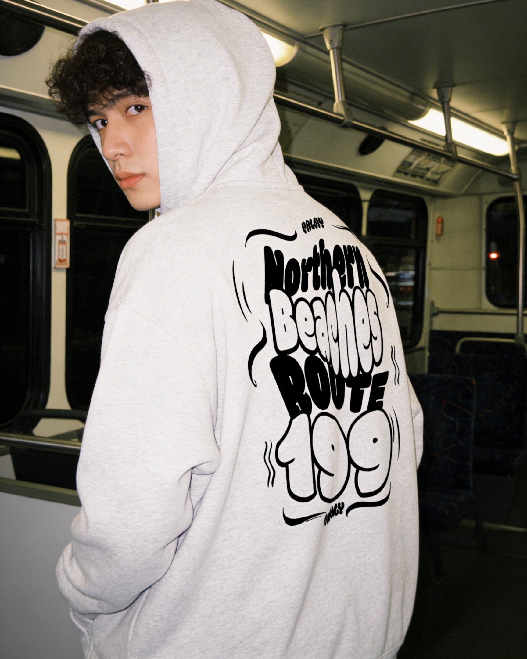 Person wearing a hoodie with text on the back inside a subway car