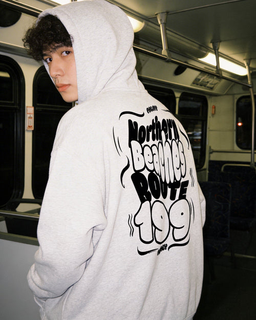 Person wearing a hoodie with text on the back inside a subway car